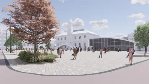Leicester City Council An artists impression of the new look Leicester Market with people milling in the open spaces outside a white building