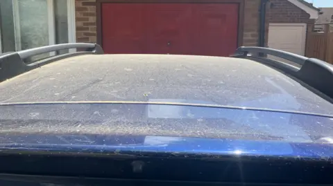 Alexander Stevanovic/BBC The top of a blue car with sandy coloured dust on it. Behind is a red garage door.