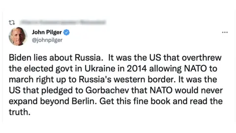 Twitter John Pilger tweet saying Biden lies about Russia