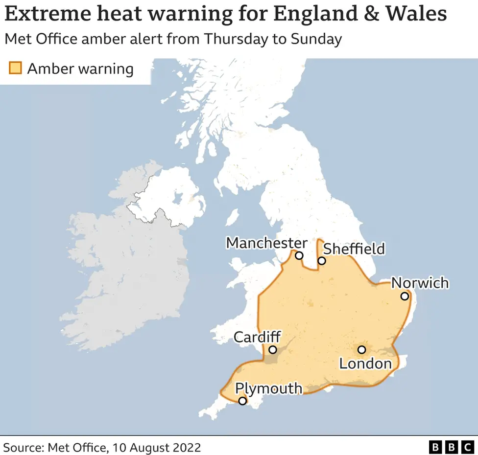 Map showing the areas of England and Wales covered by the amber warning of extreme heat from the Met Office.
