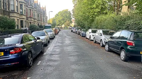 Cars parked along street