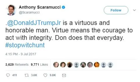 Twitter/Scaramucci On 9 July Anthony Scaramucci tweeted: ".@DonaldJTrumpJr is a virtuous and honorable man. Virtue means the courage to act with integrity. Don does that everyday. #stopwitchunt."