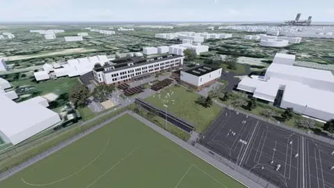 Computer image of the new school. It has a white main block with windows, a sports hall and a number of sports pitches