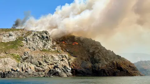 Gordon Dawes Orange flames can be seen on scrub on the edge of a headland with a huge plume of orange-white smoke. There is also black smoke in the background.