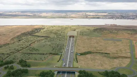 National Highways An artist impression CGI drawing of a motorway disappearing into a tunnel. The motorway is in the centre of the picture. At the top of the frame is the River Thames.