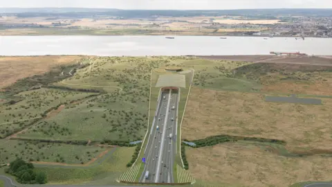 A graphic of the Lower Thames Crossing, which shows multiple lanes of traffic in both directions going into a tunnel beneath the River Thames. The road is surrounded by fields either side of the water.