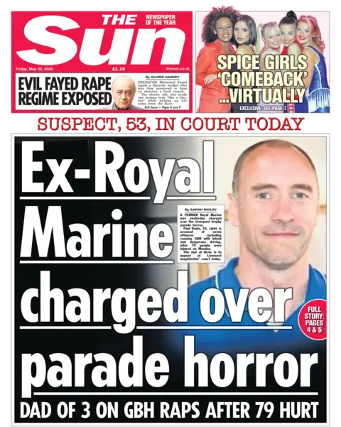 The headline on the front page of the Sun reads: "Ex-Royal Marine charged over parade horror". 