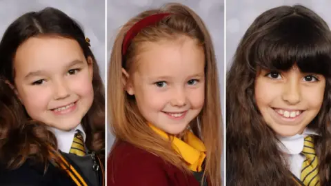 Family photograph A composite image showing school photos of Bebe King, six; Elsie Dot Stancombe, seven; and nine-year-old Alice da Silva Aguiar. All three girls are smiling and are wearing their school uniforms.