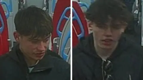 Two pictures side by side. Both are images of different young men in black coats on a train.