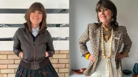 Caroline Jones Two pictures of Caroline Jones in 2024. Her brown hair falls just below the shoulder and she has a fringe. In the left image she wears a brown leather jacket, a light blue shirt and a green/blue skirt with horses on it. In the right image she wears a light brown shirt with a cream dress over it and a tweed jacket. She has a cream beaded necklace chuncky gold chains and a yellow bracelet.