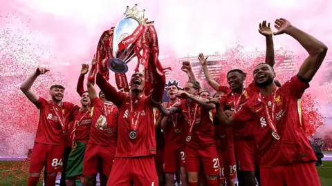 Liverpool football players celebrate winning the English Premier League title
