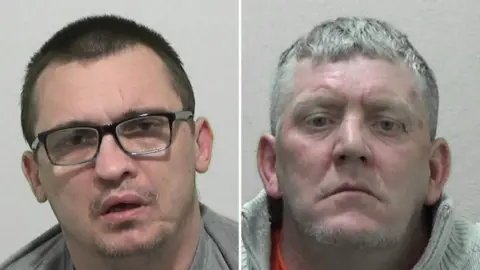 Mugshots of Musgrave (left) and Warwick (right). Musgrave has short dark hair and a glazed expression and is wearing dark rimmed glasses. Warwick has short grey hair.