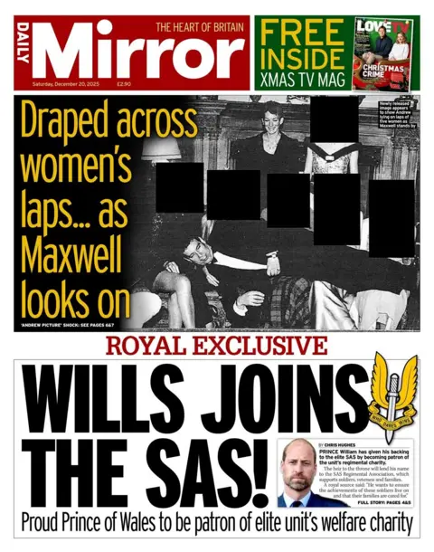  Proud Prince of Wales to be patron of elite unit's welfare charity" reads the headline on the front page of the Daily Mirror, featured below a photo appearing to show Andrew Mountbatten-Windsor lying across the laps of five women.