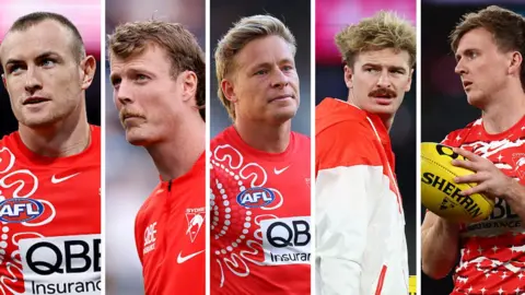 Composite image, from left, shows: Chad Warner, Nick Blakey, Isaac Heeney, Riley Bice and James Jordon – the five Swans players who have been suspended.