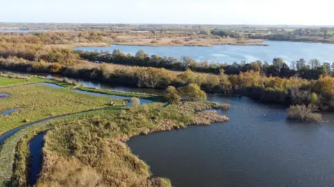 An aerial view of an area of wetland in the Stodmarsh Nature Reserve near Canterbury and Ashford.