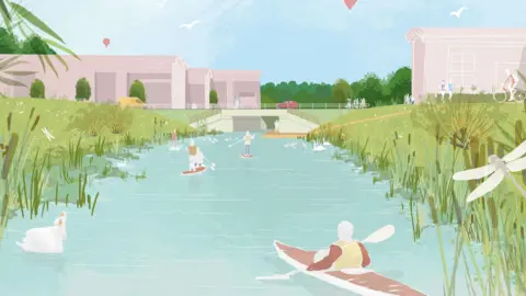 B&MKWT and Land Use Consultants An artists image of what a new waterway link way could look like by Wootton, Bedfordshire. It shows people paddling on a canal of water, greenery on the banks, wildlife and large buildings and a bridge in the background.