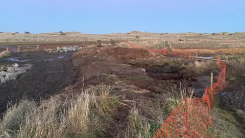 An area of dunes has a muddy track passing through it with a raised bed of earth. To the right is an orange plastic temporary fence.