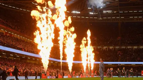 The players arrive on the field with fire flames before the International between Wales and South Africa at at Principality Stadium on December 2, 2017 in Cardiff