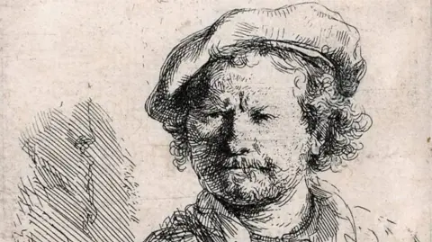 This self-portrait by Rembrandt is an etching. He is wearing a flat cap and has curly hair.