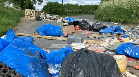 Henry Godfrey-Evans/BBC A large amount of litter spread out across the bend on a country lane, including several black bin bags.
