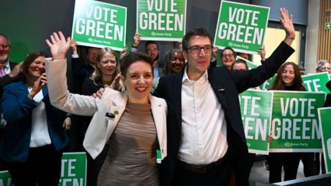 Green Party co-leaders Carla Denyer (Bristol Central) and Adrian Ramsay (Waveney Valley) pose for the media during the Green Party campaign launch at St George’s Bristol, 