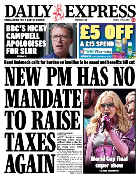 The headline on the front page of the Daily Express reads: “New PM has no mandate to raise taxes again”.