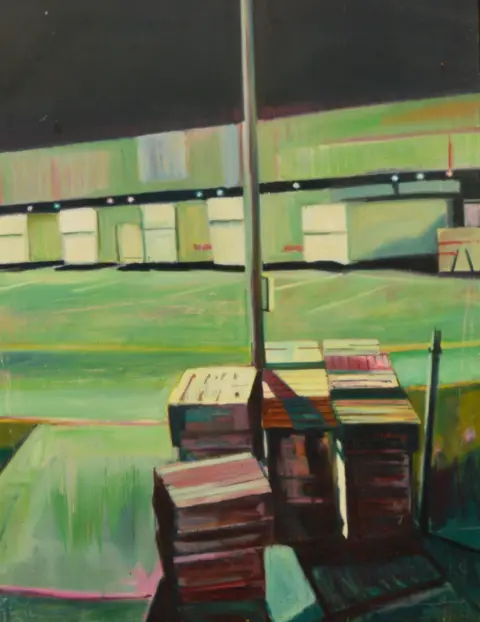 Shaun Morris An oil painting of wooden crate boxes under a motorway flyover 