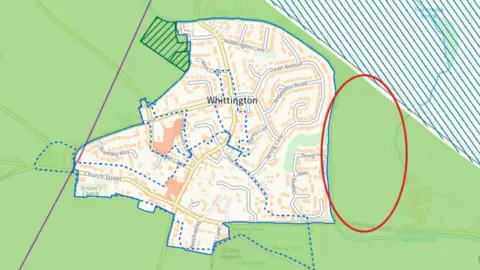 Harris Lamb A map of the area where the homes will be built. It shows a boundary line around the village of Whittington. To the right hand side is a red circle, outlining where the estate could be built.