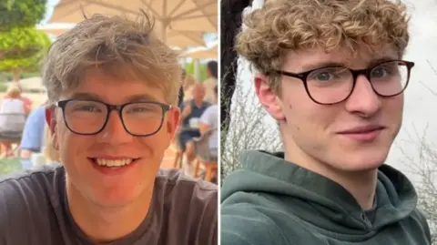 Lincolnshire Police Harrison Carter smiling at the camera. He is wearing spectacles and has light-brown hair. George Stephenson is wearing a green top and spectacles, and is looking sideways at the camera.
