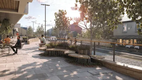 Sheffield Council An artist's impression of how the new Stocksbridge high street will look with paving, wooden benches and people sitting outside