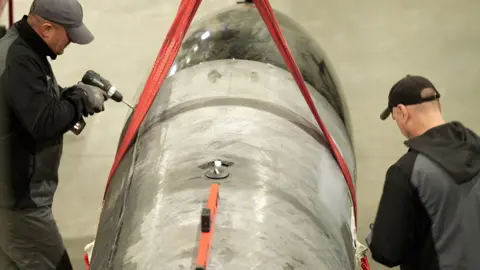 Moose Campbell/BBC two men build the new Flamingo missile which is a long-range Ukrainian cruise missile, designed for deep strikes against Russia with a over a ton warhead and a range up to 3,000 km