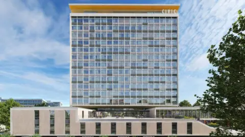 A CGI showing the planned new version of the Civic Centre in Plymouth. There are trees in front of the building and people walking and cycling. There appears to be a restaurant space on the roof of the lower part of the building. 