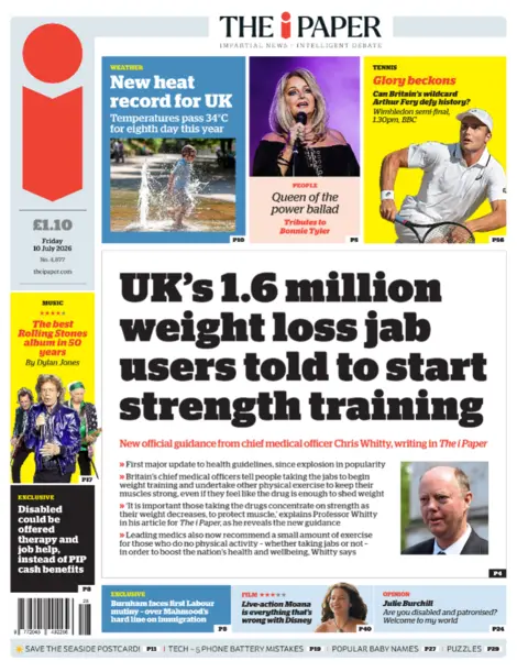 The headline on the front page of the i Paper reads: 'UK's 1.6 million weight loss jab users told to start strength training'.