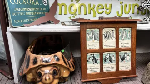 Items up for auction including an old coca cola drinks sale sign and a sign with different breeds of penguin, a monkey jungle sign and a tortoise shaped holder.