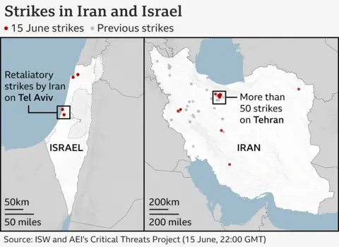A map of the strikes in Iran and Israel between 13 and 15 June