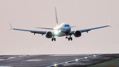Ryanair flight landing at Leeds Bradford Airport.