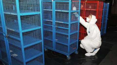 Getty Images A forensic officer inspects red and blue money cages which were used to store bank notes stolen from the Securitas depot. She is wearing a white suit and crouching near a blue cage, looking up at the mesh.