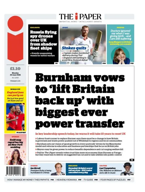 "Burnham vows to 'lift Britain back up' with biggest ever power transfer" reads the headline on the front page of The i Paper.
