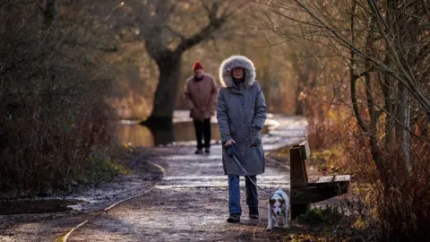 A person wearing a coat with a furry hood covering some of her face, walking her dog on a lead. There is snow and ice on the ground