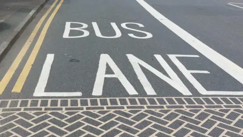 Reading Borough Council A road, with double yellow lines along the left hand side of it and a white line on the right hand side, with "BUS LANE" written in the middle of it, with what appears to be patterns like a brick path along the bottom