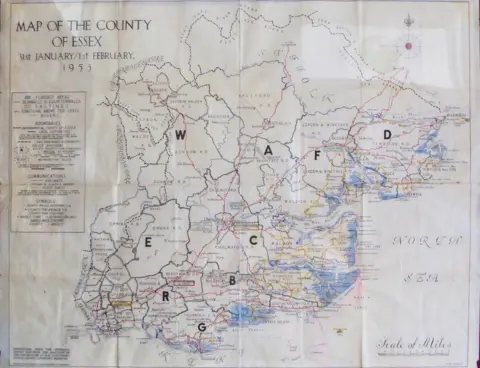 Courtesy of Canvey Community Archive A map of Essex showing areas flooded in 1953