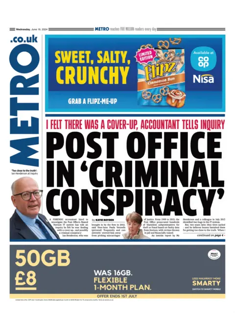 Metro The front page of Metro, with the main headline reading "Post Office in 'criminal conspiracy'"