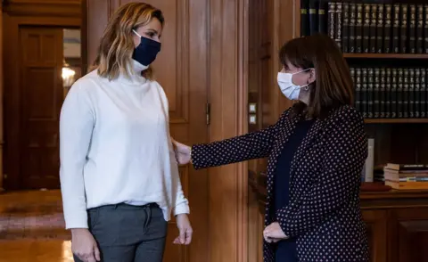 EPA President of Greece Katerina Sakellaropoulou (R) meets former Olympic champion Sofia Bekatorou on 18 January