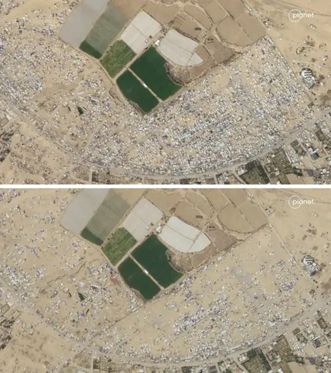 Reuters Satellite images from Planet show the dismantling of tents and shelters in the Rafah area between 5 May 2024 (top) and 8 May 2024 (bottom)