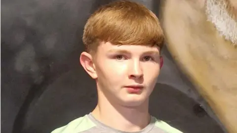 BBC A male teenager with ginger hair looking at the camera. He's wearing a grey t-shirt with green panels on the arms. 