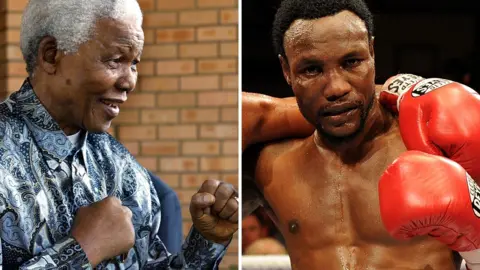A picture of Nelson Mandela in a boxing stance and Lovemore Ndou posing with his fist raised after a bout