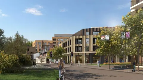 Reselton Properties Limited/Squire and Partners A CGI showing people walking and cycling on a new road layout in front of a proposed cinema and homes