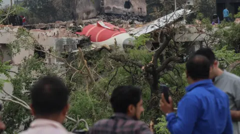 Shutterstock People look on from a distance at the plane wreckage. It is trapped on the top of the building and surrounded by trees and debris.