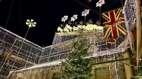 Taxi Charity for Military Veterans The light display outside Richard Iles' home, with reindeer high up on his roof, five large snowflakes atop tall poles and a Union Jack flag, with sheets of lights covering every part of his house. 