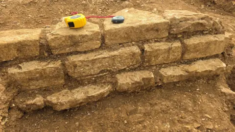 University of Leicester A wall, with tape measures on the top, showing several bricks, in a row and earth around it all. 